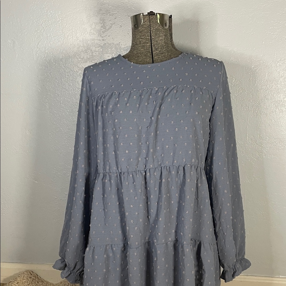 Dusty Blue Long Sleeve Swiss Dot Tiered Shirt